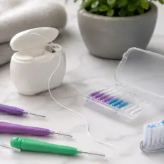 Set per l'igiene orale: scovolini colorati, filo interdentale e collutorio.