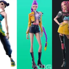 Trzy postacie w stylu Fortnite: Zoey w niebieskim topie i kolorowych spodniach, dziewczyna w żółtej kurtce i czarnych szortach, oraz kolejna w czarnym topie i żółtej spódniczce.