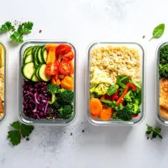 Vier Glasbehälter mit gesunden Mahlzeiten: Quinoa, Gemüse, Hähnchen und Brot. Perfekt für gesunde Kochrezepte zum Mitnehmen.
