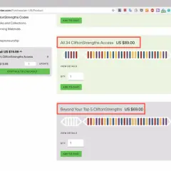 Strona sklepu Gallup. Oferta "All 34 CliftonStrengths Access" za 89 USD. Test gallupa.