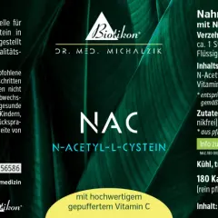 Hochwertiges NAC (N-Acetyl-L-Cystein) von BiotiKon, 180 vegane Kapseln. Tägliche Verzehrmenge beachten für optimale nac wirkung.