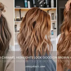 Mujeres con cabello castaño y mechas cobrizas, mostrando diferentes estilos y tonos cálidos.