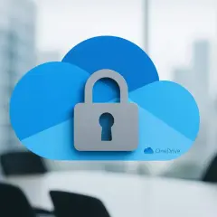 Symbol kłódki na niebieskiej chmurze OneDrive. Bezpieczny cloud storage dla Twoich danych.
