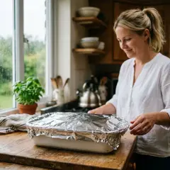 Kobieta w kuchni przygotowuje danie w naczyniu przykrytym folią aluminiową. Za oknem deszcz.