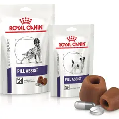 Dos paquetes de Royal Canin Pill Assist, uno para perros medianos/grandes y otro para perros pequeños, con golosinas para ocultar pastillas. ¡Así es como darle una pastilla a un perro!