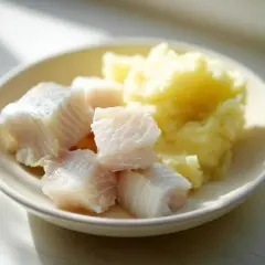 En tallrik med fiskbitar och potatismos, perfekt som mat till 1-åring recept.