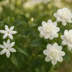 Fleurs blanches de jasmin épanouies sur une plantation luxuriante. Le parfum doux embaume l'air.
