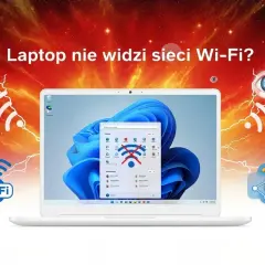 Laptop nie widzi sieci Wi-Fi? Na ekranie okno z ikoną przekreślonego Wi-Fi, wokół migające oczy i sygnały sieci.