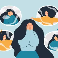 Kobieta z zakrytymi twarzą, otoczona przez kręgi z różnymi emocjami: smutek, złość, radość, przygnębienie. Ilustracja symbolizuje drgawki dysocjacyjne.
