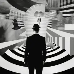 Mężczyzna w kapeluszu wchodzi w surrealistyczny labirynt. Obraz w stylu trompe l'oeil, pełen geometrycznych wzorów i iluzji.