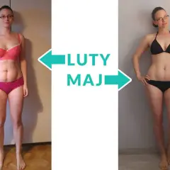 Od lutego do maja: od masy do redukcji. Kobieta w bieliźnie pokazuje przemianę sylwetki.