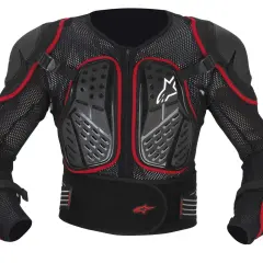 Czarna kurtka ochronna Alpinestars Bionic Plus z czerwonymi akcentami, siatkowymi rękawami i ochraniaczami.