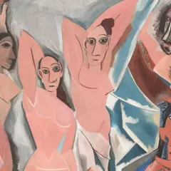 Portret Gertrudy Stein w stylu kubistycznym, z wieloma postaciami i geometrycznymi kształtami.