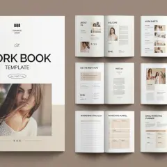 A clean indesign booklet template featuring a cover with a woman's portrait and interior pages with sections like "About Us," "Welcome," "Work Sheets," and "Content Planner.