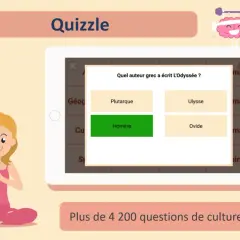 Exemple d'animation pour personnes âgées : une tablette affiche un quiz sur l'Odyssée, avec une jeune femme en posture de yoga à côté.