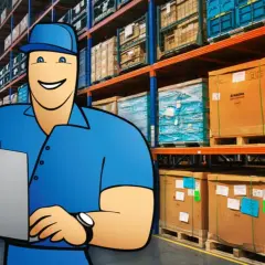 Ein freundlicher Mitarbeiter mit Laptop im Lager, der die **Logistik Kommissionierung** optimiert.
