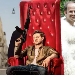 Kobieta w czerwonej sukience, mężczyzna z karabinem na tronie i para w futrach – kolaż scen ze słynnych polskich filmów.