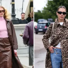Moda na jesień: skórzany brązowy płaszcz i spódnica, a obok pantera płaszcz z jeansami.
