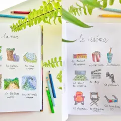 Ilustracje do nauki francuskiego: "la mer" i "le cinéma". Kolorowe rysunki z podpisami, idealne do nauki słówek.