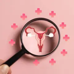 PCOS co to? Ilustracja narządów rodnych pod lupą, otoczona różowymi krzyżykami symbolizującymi zdrowie.