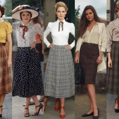 Pięć kobiet w stylizacjach inspirowanych modą retro. Jedna z nich ma na sobie sukienkę w kratę, przypominającą styl hipiski.