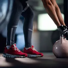 Person mit roten Schuhen und Trainingshandschuhen hebt abends eine Kettlebell für das Krafttraining.