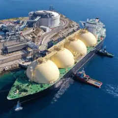 Statek z kulistymi zbiornikami LNG przy terminalu, symbolizujący zmianę dostawcy gazu.