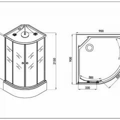 Rysunek techniczny narożnego prysznica z podanymi wymiarami: wysokość 1700 mm, szerokość 900 mm, głębokość 500 mm.