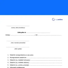 Dokument "Lista płac" z polami do wypełnienia: nazwa pracodawcy, miesiąc, rok, imię i nazwisko pracownika, data wypłaty oraz składniki wynagrodzenia.