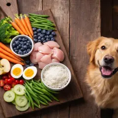 Un golden retriever sonríe junto a una tabla con ingredientes frescos: pollo, arroz, verduras y frutas. ¡Así se ve la comida que comen los perros!