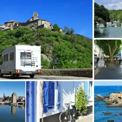 Un camping-car blanc devant un village perché, un port de plaisance, une place animée, Strasbourg et une côte rocheuse. Des images pour les plus beaux circuits camping-car.