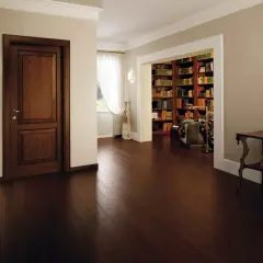Un elegante corridoio con un battiscopa diverso dalle porte in legno scuro, che conduce a una biblioteca ricca di libri.