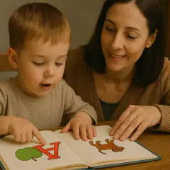 Mama uczy synka czytać. Na książce litera A i piesek. To świetny sposób, jak uczyć dziecko czytania.