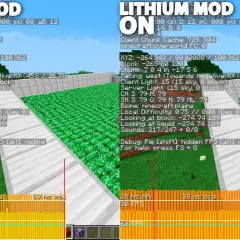 Porównanie wydajności gry Minecraft z włączonym i wyłączonym modem Lithium. Po prawej stronie, z modem Lithium ON, widać płynniejszą rozgrywkę i wyższe FPS.