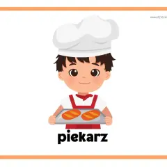 Chłopiec w czepku kucharskim trzyma tacę z dwoma bochenkami chleba. To karta pracy "Od ziarenka do bochenka", przedstawiająca piekarza.