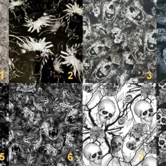 Kolaż ośmiu wzorów folii hydrograficznej z motywami czaszek, smoków i panter.