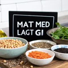Mat med lågt GI: kikärtor, linser, morotspuré, svarta bönor och grönsaker. Olja i en karaff.