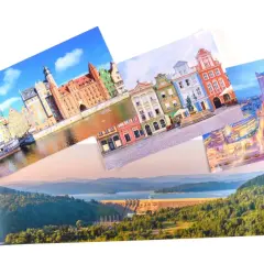 Kolaż zdjęć z europejskich miast: Gdańsk, Poznań, Wrocław i zapora wodna. Idealny na city break Europa.