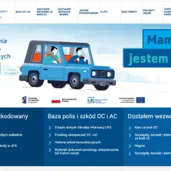 Para jadąca niebieskim samochodem, z napisem "Mam OC, jestem OK!".