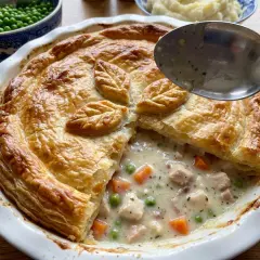 En gyllene kycklingpaj med krämig fyllning av kyckling, morötter och ärtor. Perfekt för ett mysigt kycklingpaj recept.