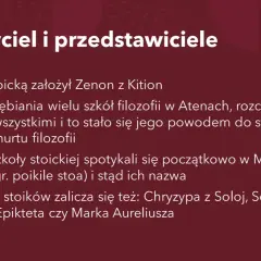 Zenon z Kition założył szkołę stoicką. W przeciwieństwie do epikureizmu, stoicyzm skupiał się na cnocie i rozumie.