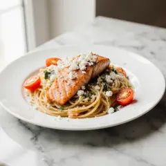 Pyszny łosoś z airfryer na makaronie spaghetti z pomidorkami i fetą.