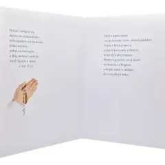 Kartka na bierzmowanie z modlącymi się dłońmi i cytatem biblijnym. Życzenia na nowy etap życia chrześcijańskiego.