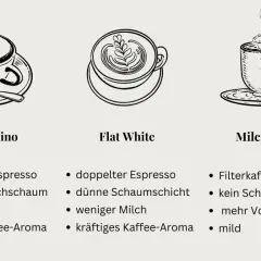 Vergleich: Cappuccino vs. Flat White. Illustrationen zeigen die Unterschiede in Espresso, Milchschaum und Milchmenge.