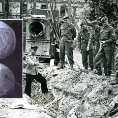 Schädeluntersuchung zur Klärung der adolf hitler todesursache. Britische Soldaten inspizieren eine Ausgrabungsstätte.