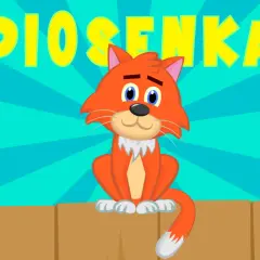 Pomarańczowy kotek siedzi na płotku, a nad nim wielki napis "PIOSENKA".