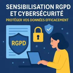 Sensibilisation RGPD et cybersécurité : une définition pour protéger vos données. Icônes de cadenas, bouclier et personne sur ordinateur.
