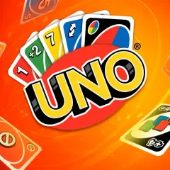Karty UNO, w tym karta "zmiana kolejki", unoszą się na pomarańczowym tle.