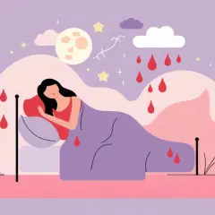 Una mujer duerme plácidamente, pero su sueño se ve interrumpido por gotas rojas que caen como lluvia, evocando la sensación de soñar con sangre de regla.