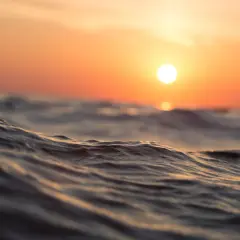 Olas suaves reflejan el atardecer anaranjado. Es como soñar con agua de mar, una paz que te envuelve.